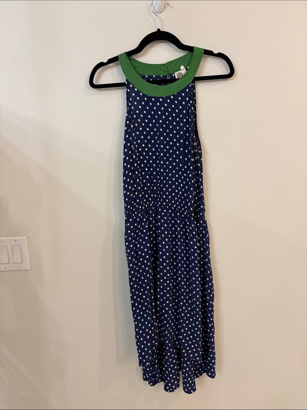 Anthropologie Lilka Polka Dot High-Low Dress – Navy & Green Halter – Size M